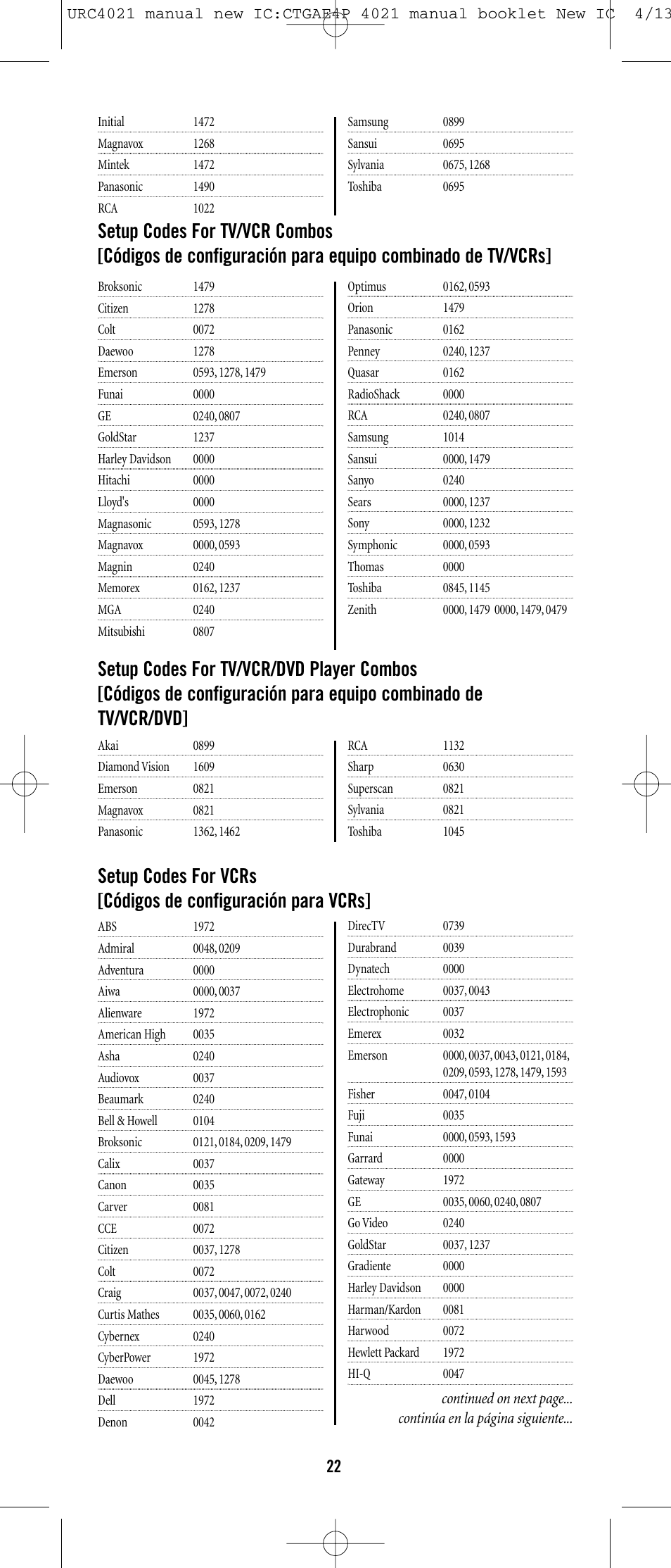 Universal Remote Control (URS) ONE FOR ALL URC 4021 User Manual | Page 22 / 23