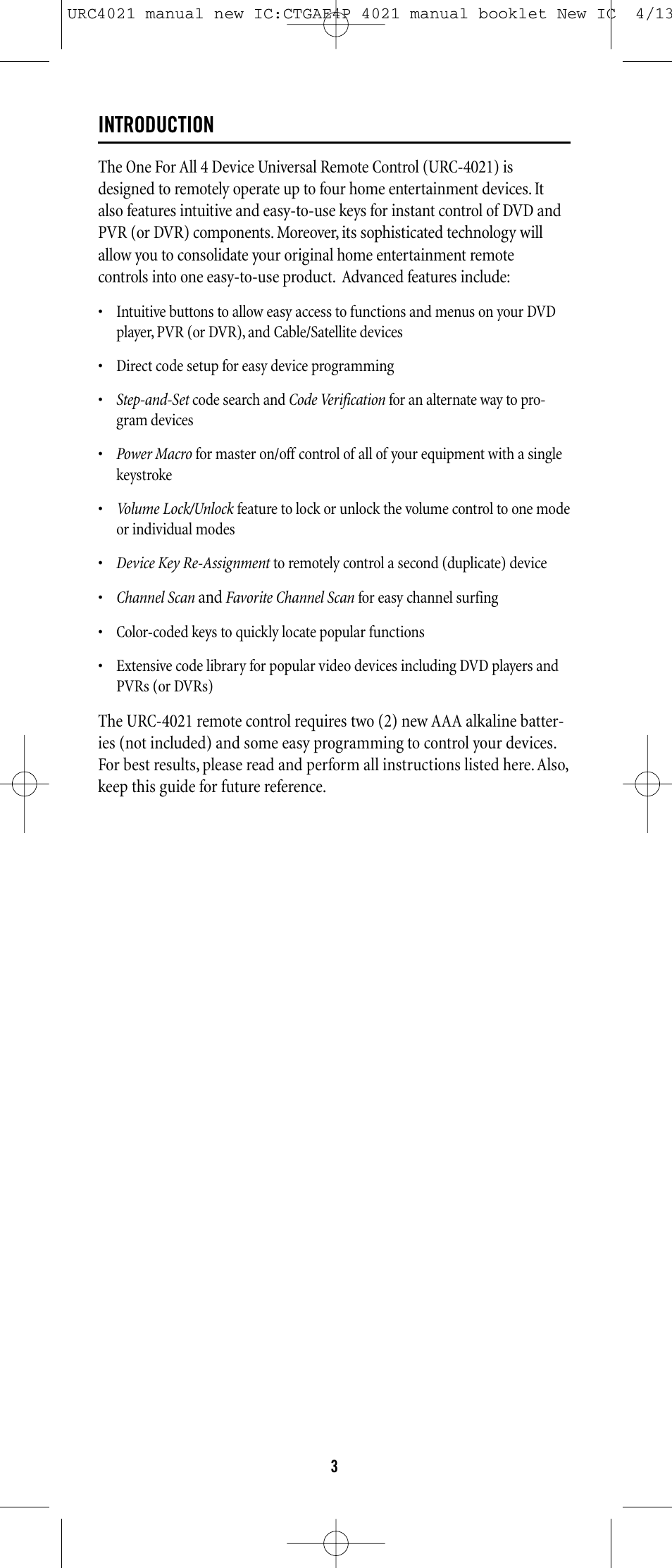 Introduction | Universal Remote Control (URS) ONE FOR ALL URC 4021 User Manual | Page 3 / 23