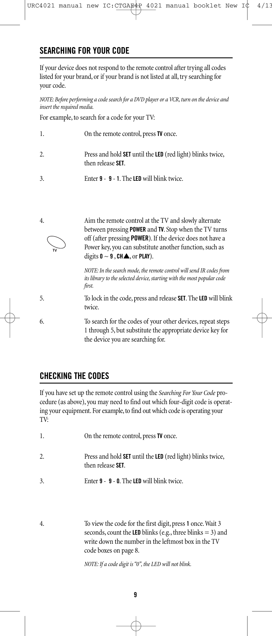 Searching for your code, Checking the codes | Universal Remote Control (URS) ONE FOR ALL URC 4021 User Manual | Page 9 / 23