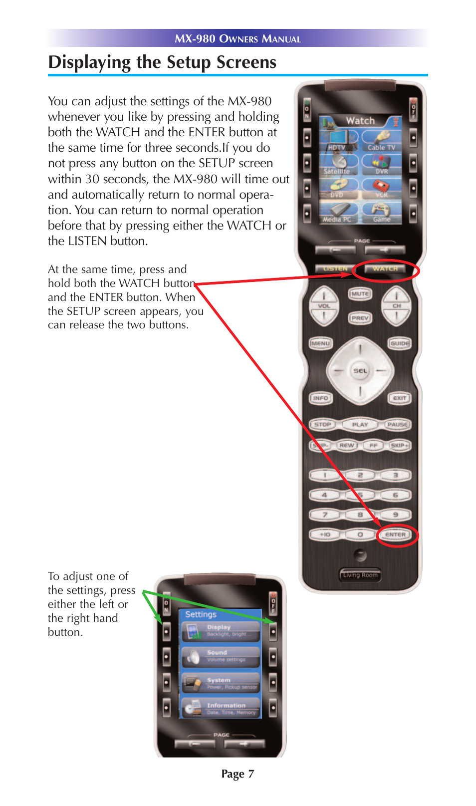 Displaying the setup screens | Universal Remote Control (URS) URC Home Theater Master MX-980 User Manual | Page 10 / 16