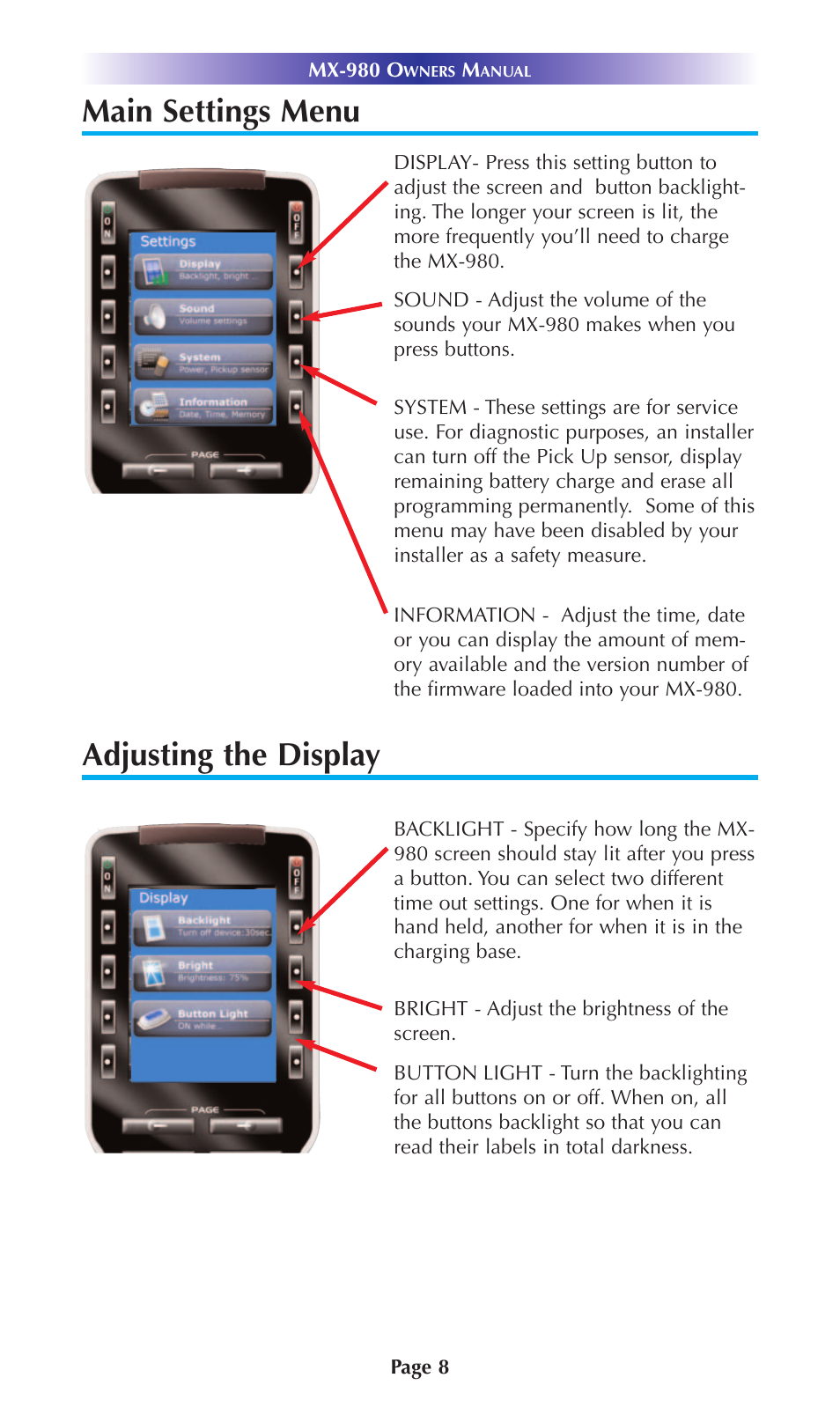 Main settings menu, Adjusting the display, Main settings menu adjusting the display | Universal Remote Control (URS) URC Home Theater Master MX-980 User Manual | Page 11 / 16