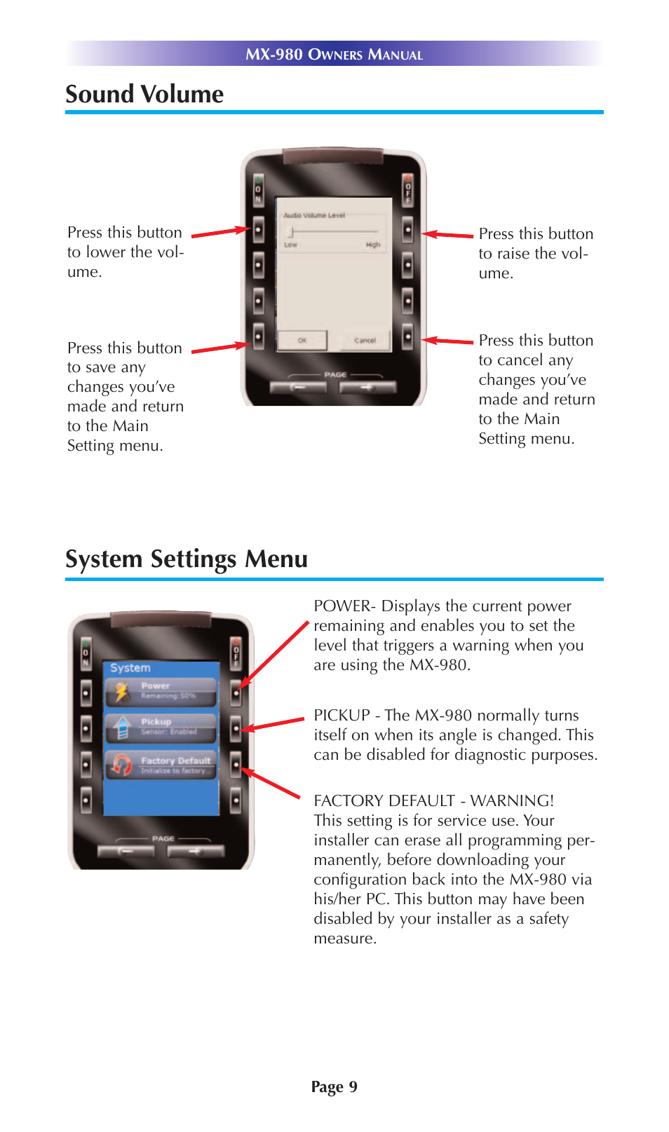 Sound volume, System settings menu, Sound volume system settings menu | Universal Remote Control (URS) URC Home Theater Master MX-980 User Manual | Page 12 / 16