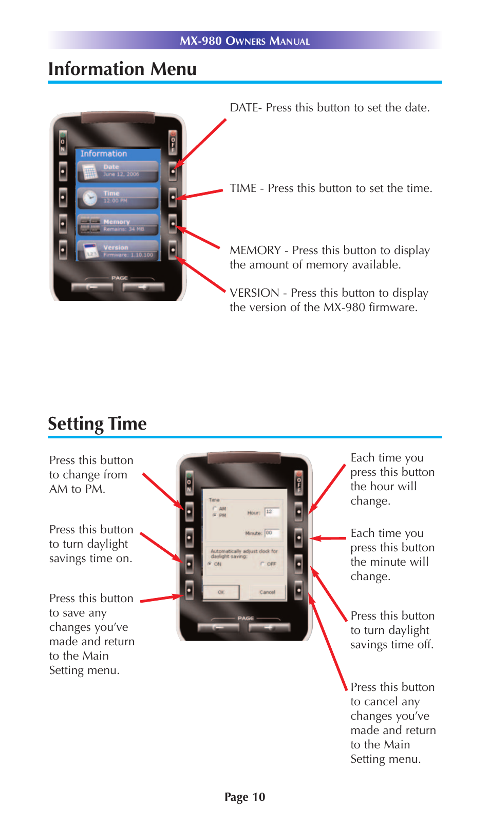 Information menu, Setting time, Information menu setting time | Universal Remote Control (URS) URC Home Theater Master MX-980 User Manual | Page 13 / 16