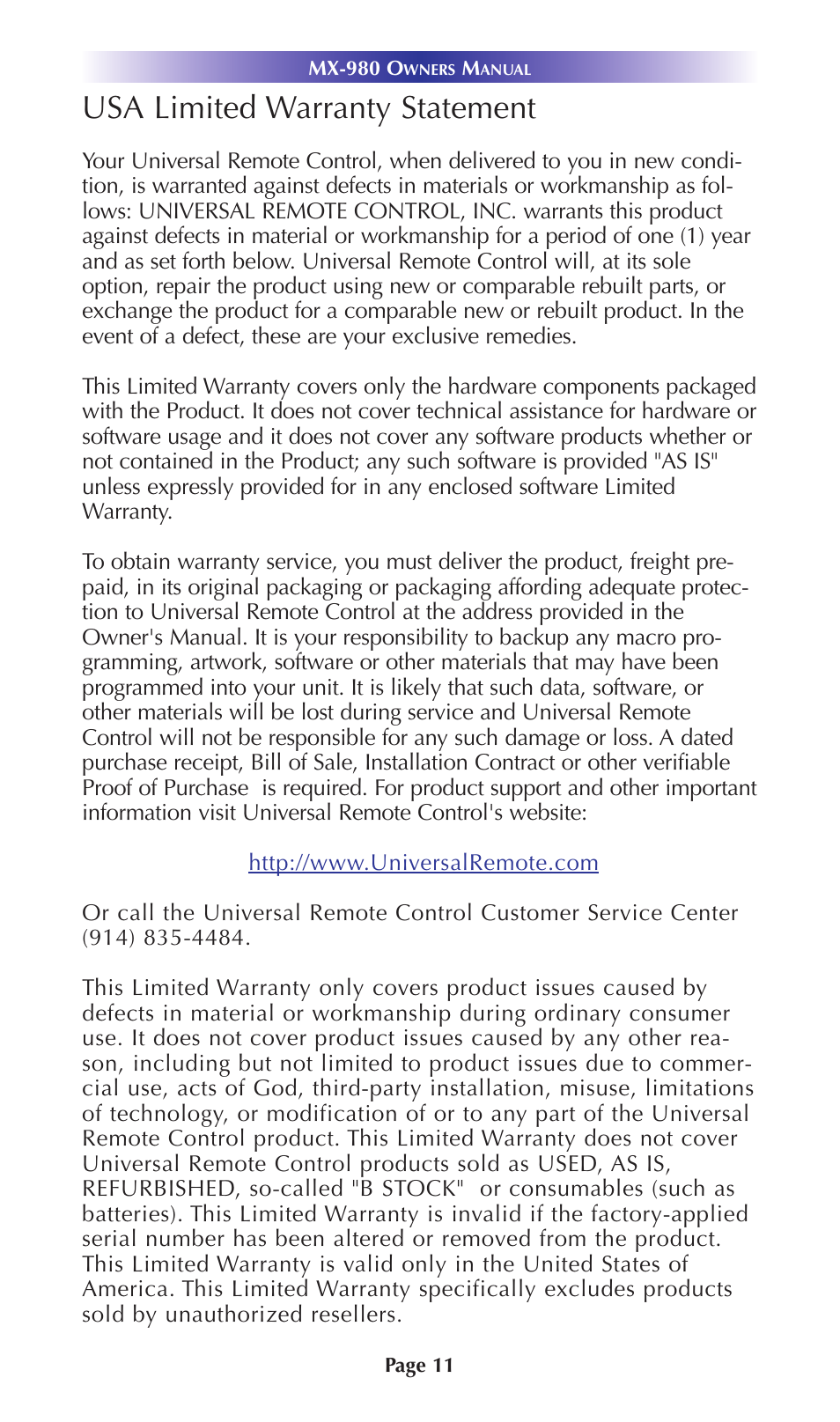 Usa limited warranty statement | Universal Remote Control (URS) URC Home Theater Master MX-980 User Manual | Page 14 / 16