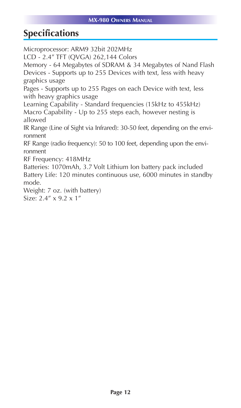 Specifications | Universal Remote Control (URS) URC Home Theater Master MX-980 User Manual | Page 15 / 16