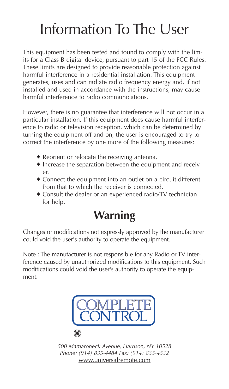 Information to the user, Complete, Control complete | Warning | Universal Remote Control (URS) URC Home Theater Master MX-980 User Manual | Page 16 / 16