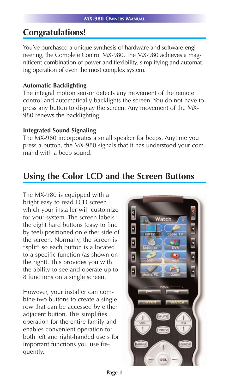 Color lcd & the screen buttons, Using the color lcd & the screen buttons, Using the color lcd and the screen buttons | Universal Remote Control (URS) URC Home Theater Master MX-980 User Manual | Page 4 / 16