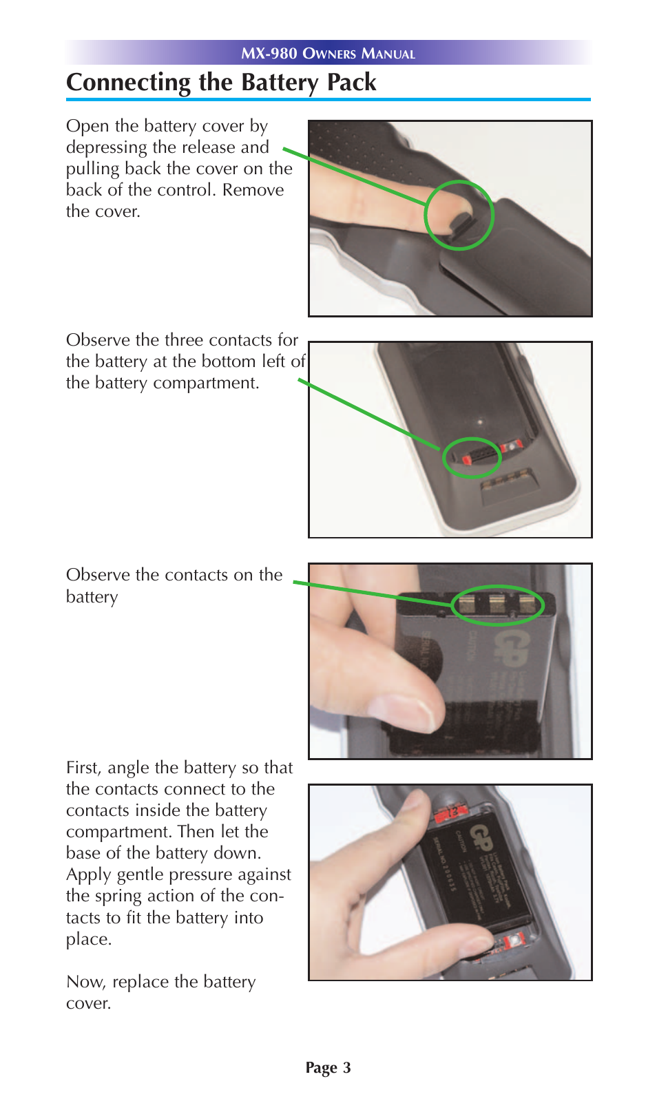 Connecting the battery pack | Universal Remote Control (URS) URC Home Theater Master MX-980 User Manual | Page 6 / 16
