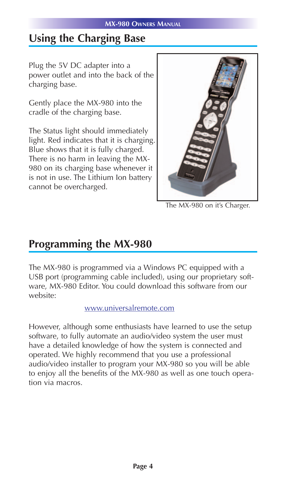 Using the charging base, Programming the mx-980 | Universal Remote Control (URS) URC Home Theater Master MX-980 User Manual | Page 7 / 16