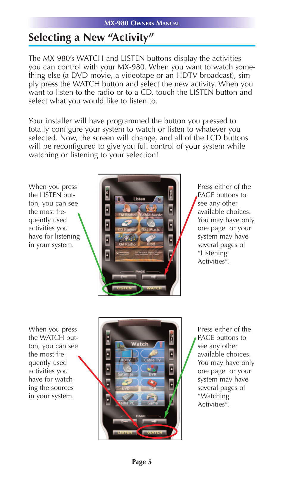 Selecting a new “activity | Universal Remote Control (URS) URC Home Theater Master MX-980 User Manual | Page 8 / 16