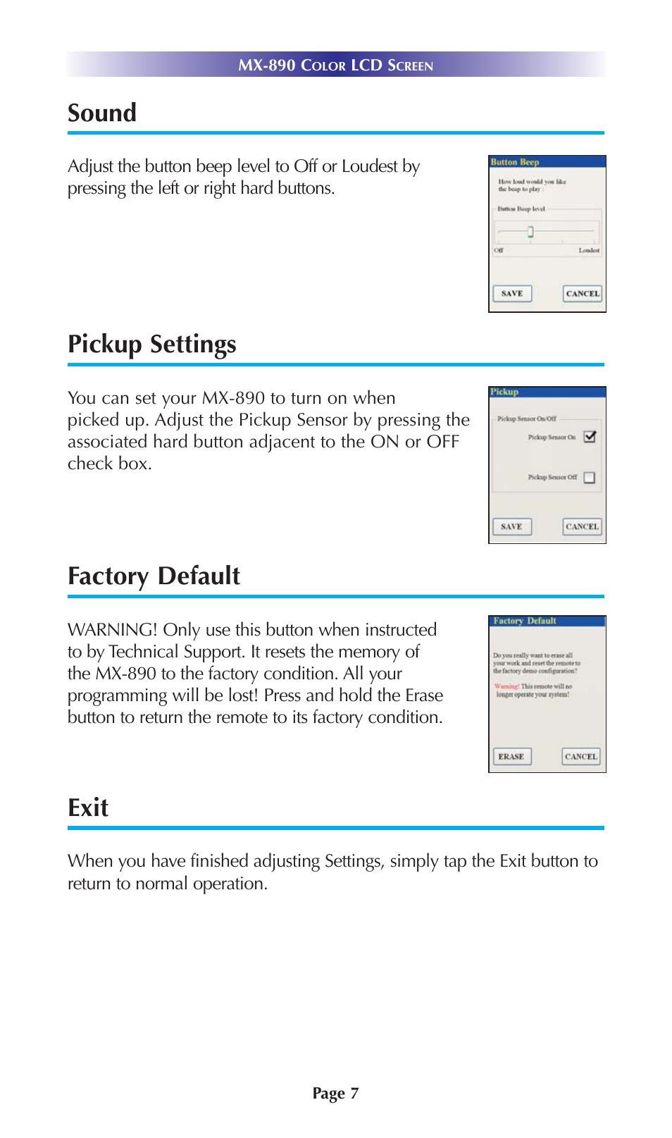 Sound, Pickup settings, Factory default | Exit | Universal Remote Control (URS) Color LCD Screen MX-890 User Manual | Page 10 / 20