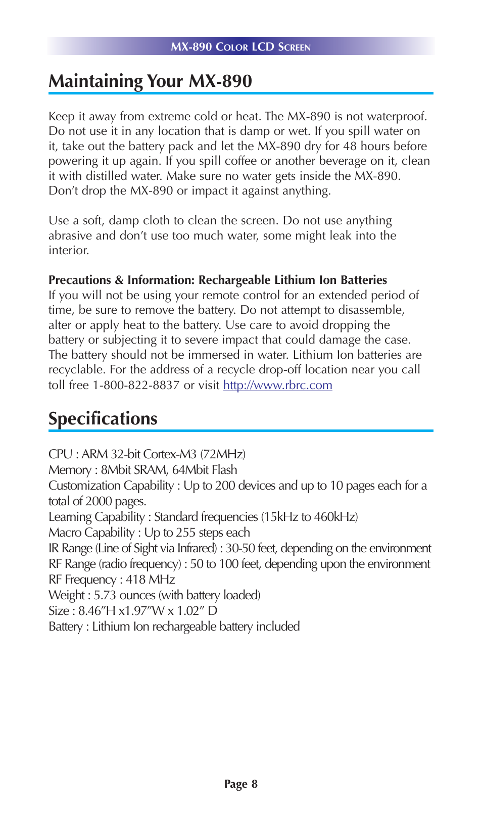 Maintaining your mx-890, Specifications | Universal Remote Control (URS) Color LCD Screen MX-890 User Manual | Page 11 / 20