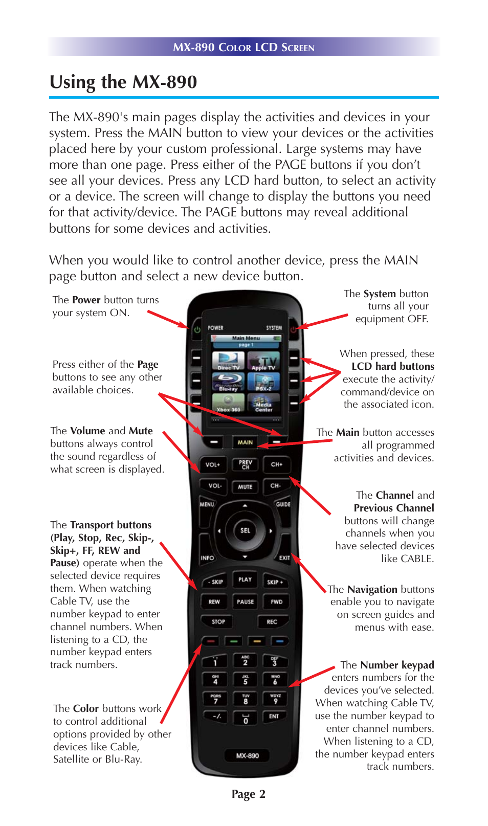 Using the mx-890 | Universal Remote Control (URS) Color LCD Screen MX-890 User Manual | Page 5 / 20