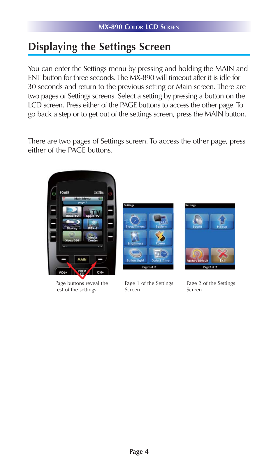 Displaying the settings screen | Universal Remote Control (URS) Color LCD Screen MX-890 User Manual | Page 7 / 20