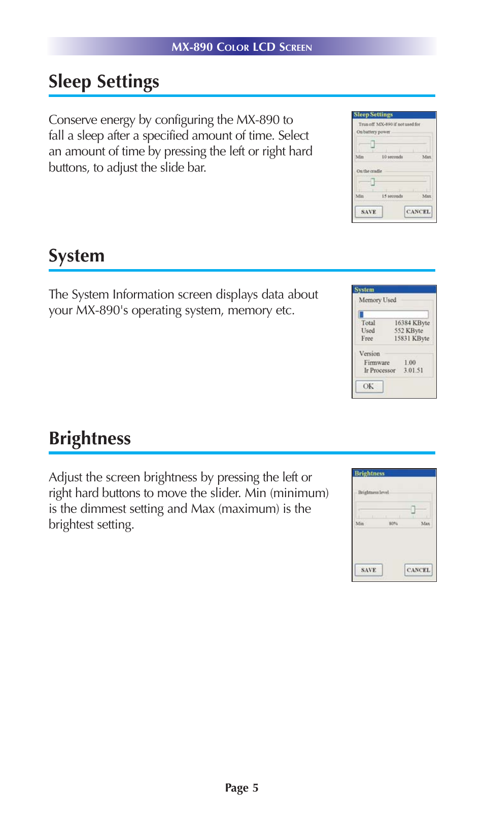 Sleep settings, System, Brightness | Universal Remote Control (URS) Color LCD Screen MX-890 User Manual | Page 8 / 20