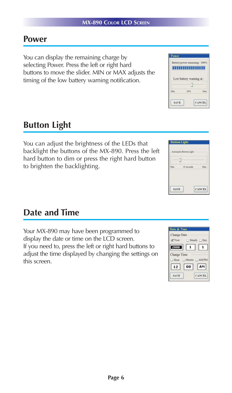 Power, Button light, Date and time | Universal Remote Control (URS) Color LCD Screen MX-890 User Manual | Page 9 / 20