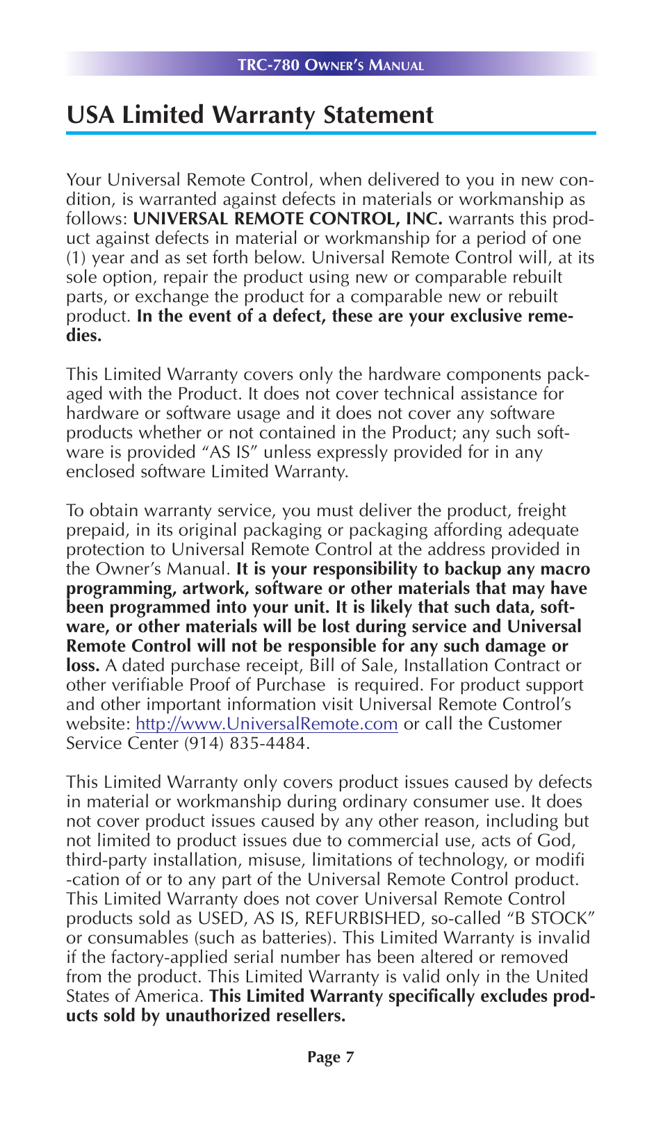 Usa limited warranty statement | Universal Remote Control (URS) TRC-780 User Manual | Page 10 / 16