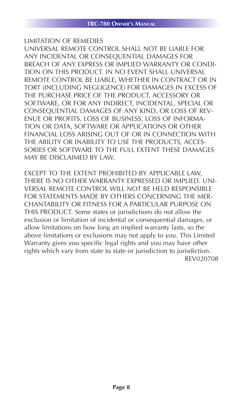 Universal Remote Control (URS) TRC-780 User Manual | Page 11 / 16