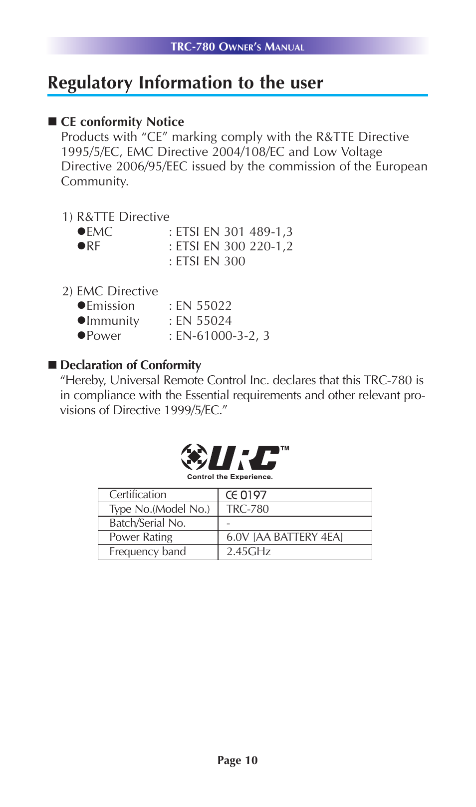 Regulatory information to the user | Universal Remote Control (URS) TRC-780 User Manual | Page 13 / 16