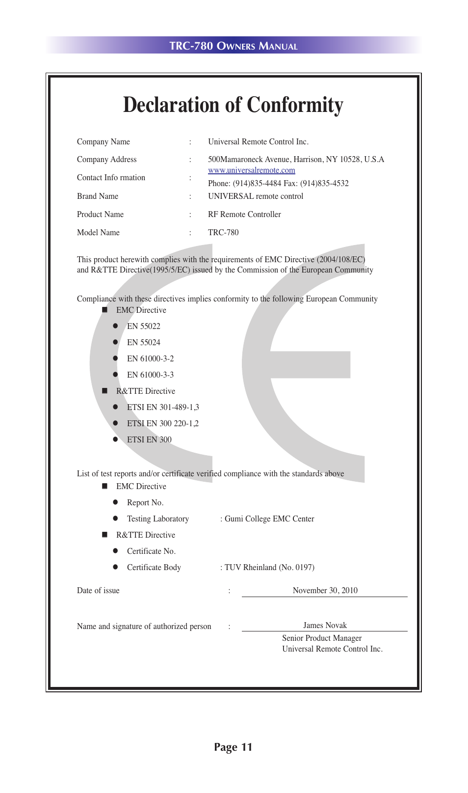 Declaration of conformity, Trc-780 o, Page 11 | Universal Remote Control (URS) TRC-780 User Manual | Page 14 / 16
