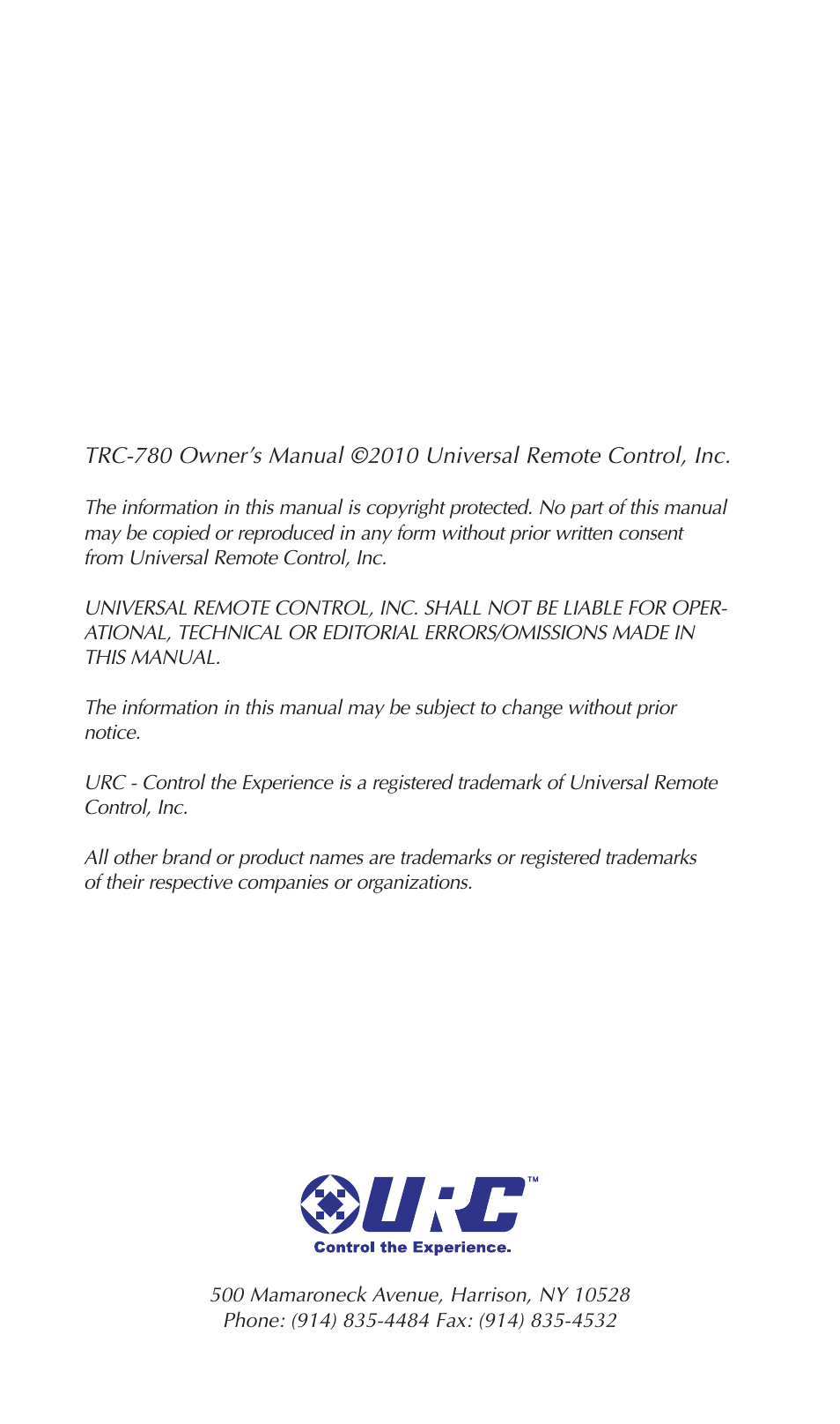 Universal Remote Control (URS) TRC-780 User Manual | Page 2 / 16