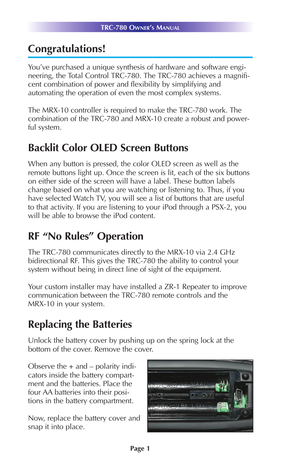 Backlit color oled screen buttons, Rf “no rules” operation, Replacing the batteries | Universal Remote Control (URS) TRC-780 User Manual | Page 4 / 16