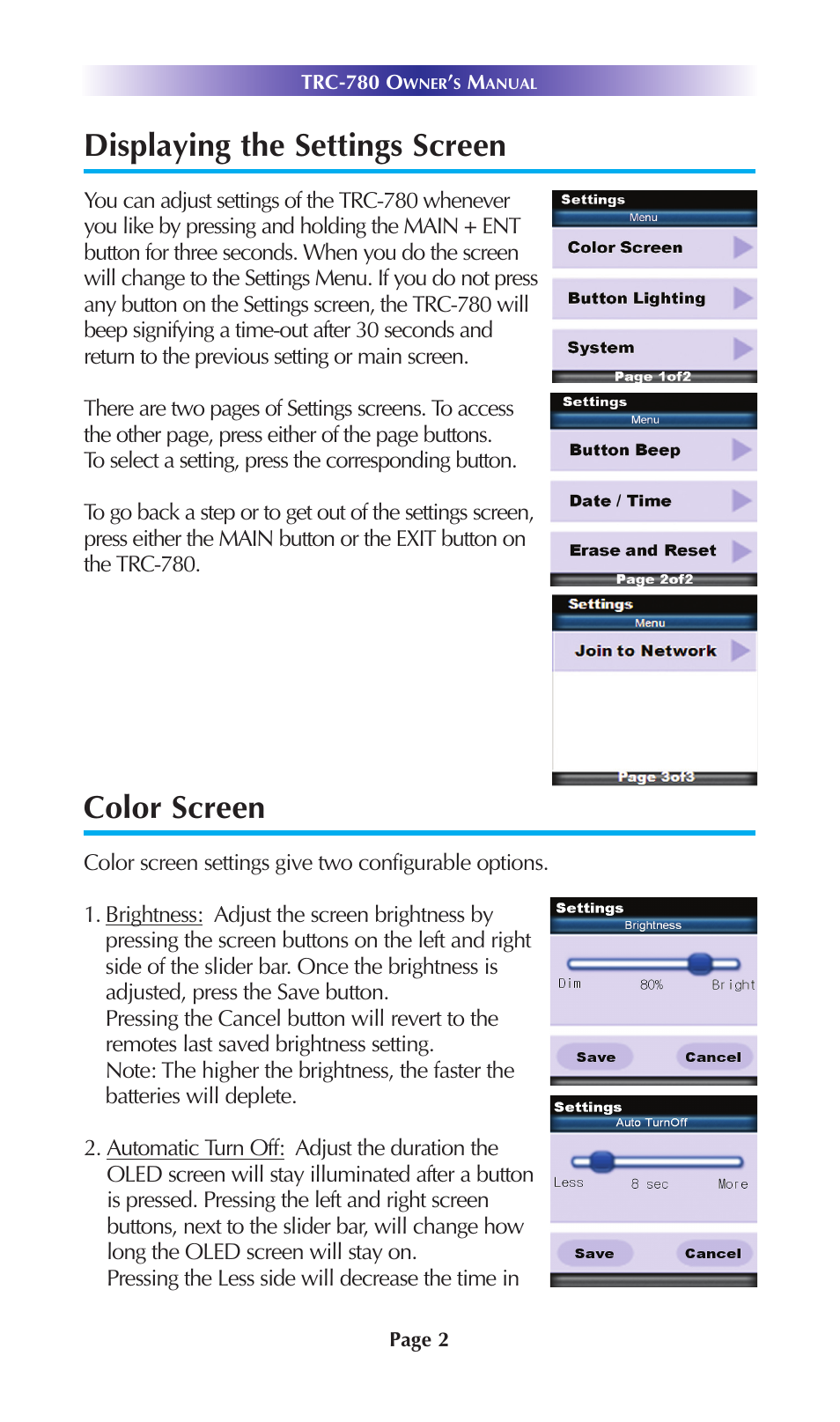 Displaying the settings screen, Color screen | Universal Remote Control (URS) TRC-780 User Manual | Page 5 / 16