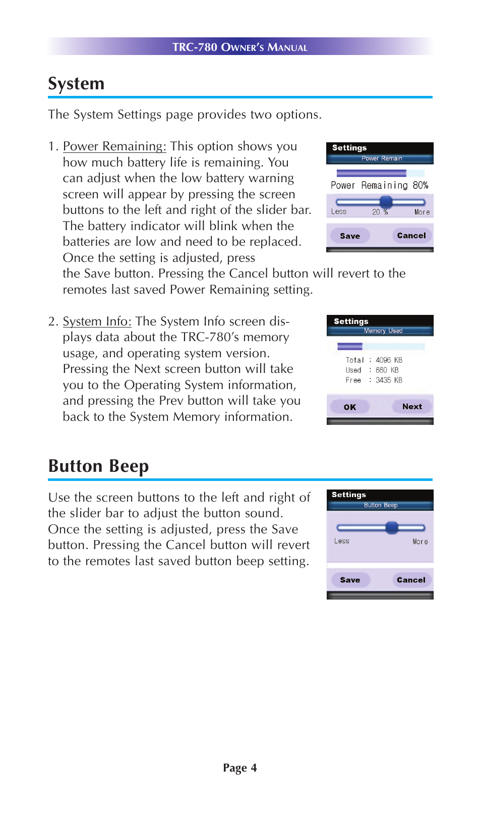 System, Button beep | Universal Remote Control (URS) TRC-780 User Manual | Page 7 / 16