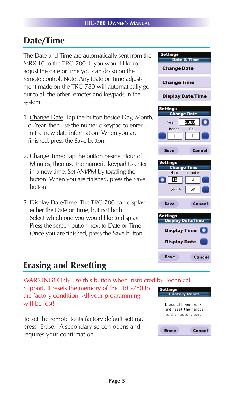 Date/time, Erasing and resetting | Universal Remote Control (URS) TRC-780 User Manual | Page 8 / 16