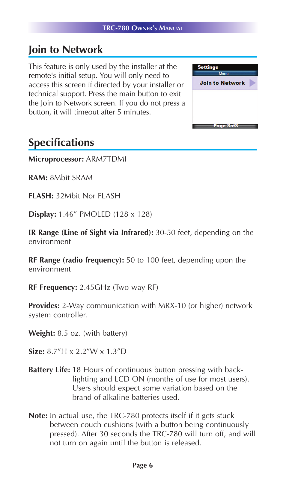 Join to network, Specifications | Universal Remote Control (URS) TRC-780 User Manual | Page 9 / 16