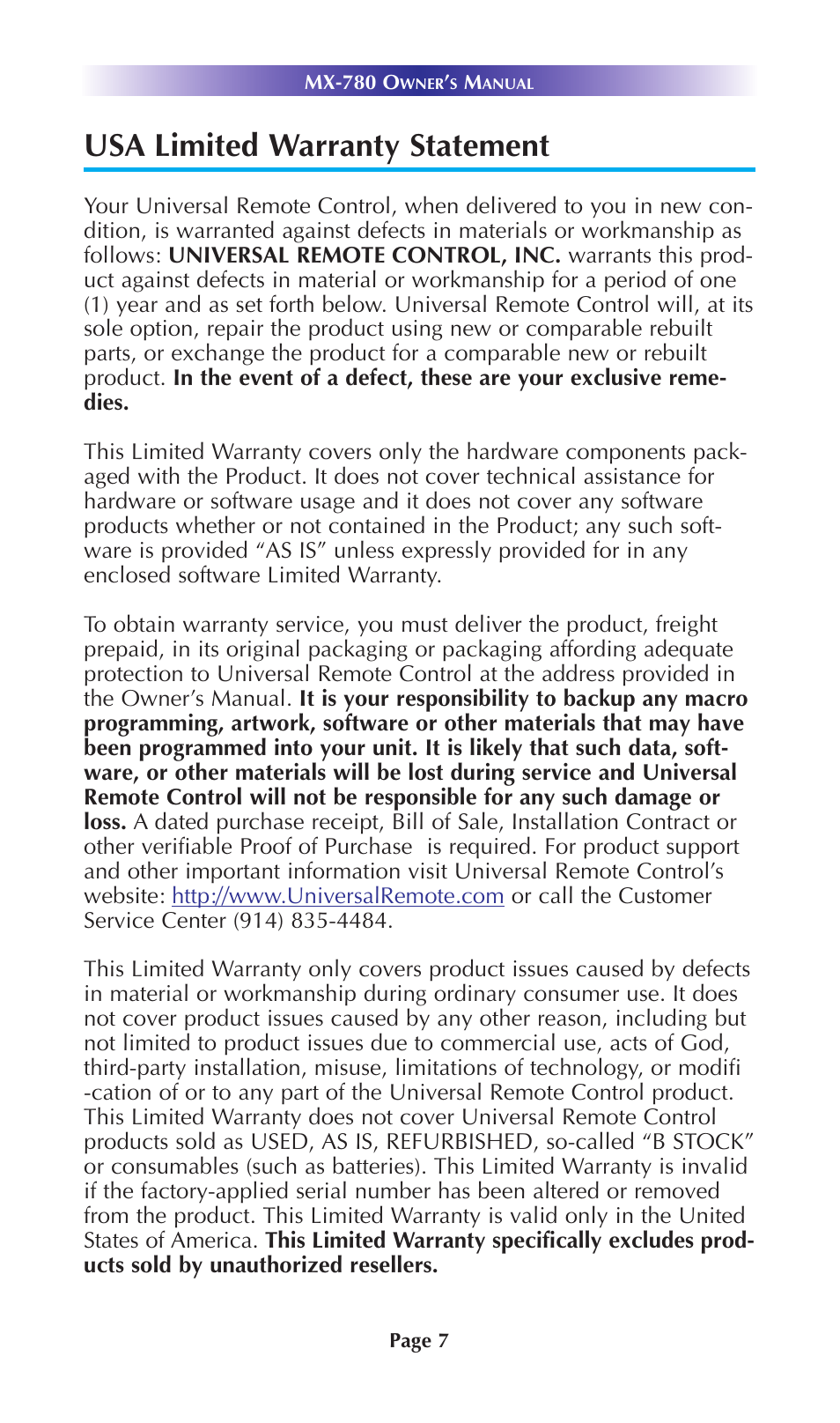 Usa limited warranty statement | Universal Remote Control (URS) MX-780 User Manual | Page 10 / 16