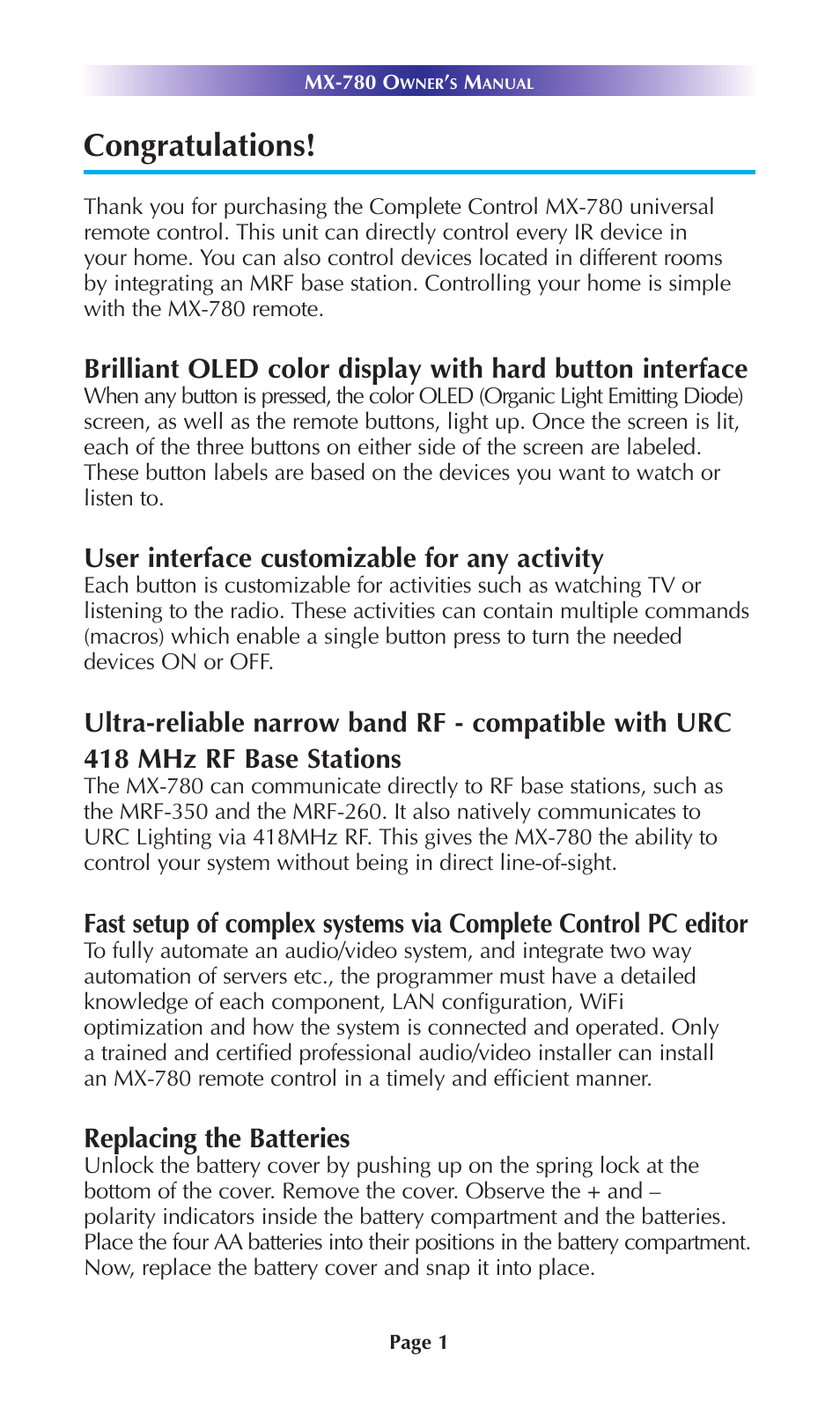 User interface customizable for any activity, Replacing the batteries | Universal Remote Control (URS) MX-780 User Manual | Page 4 / 16