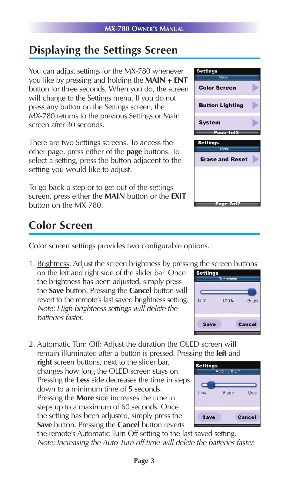 Displaying the settings screen, Color screen | Universal Remote Control (URS) MX-780 User Manual | Page 6 / 16