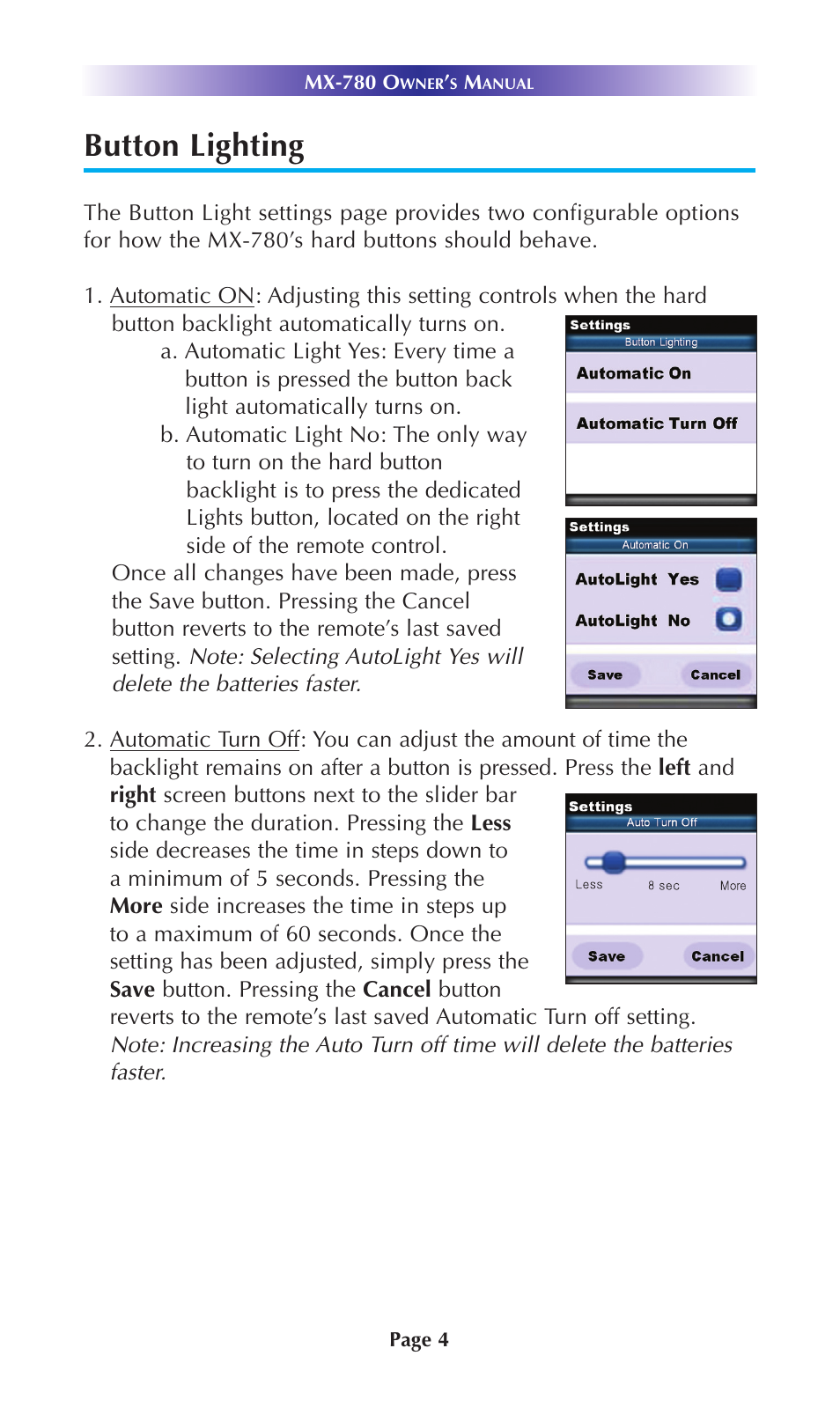 Button lighting | Universal Remote Control (URS) MX-780 User Manual | Page 7 / 16