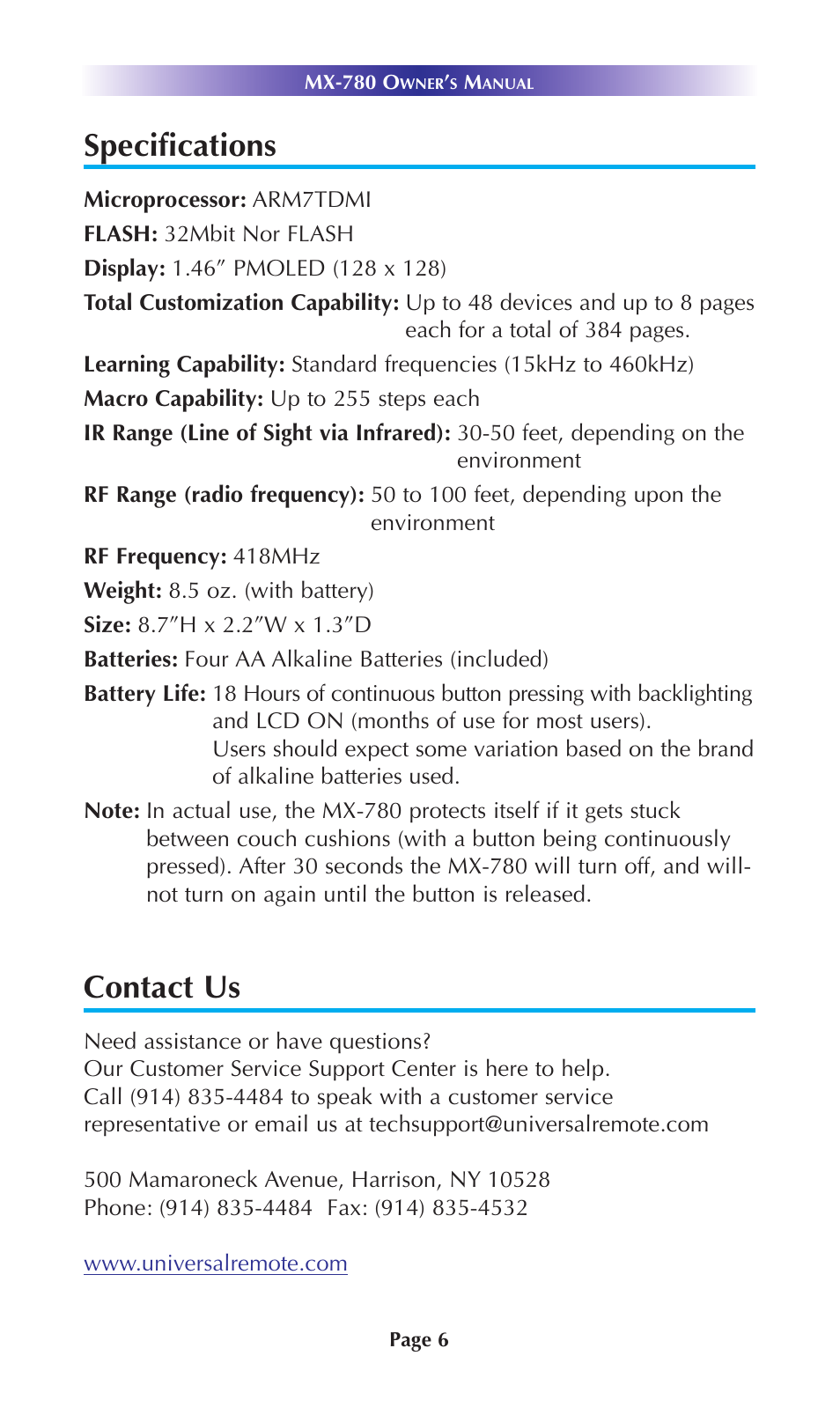 Specifications, Contact us | Universal Remote Control (URS) MX-780 User Manual | Page 9 / 16