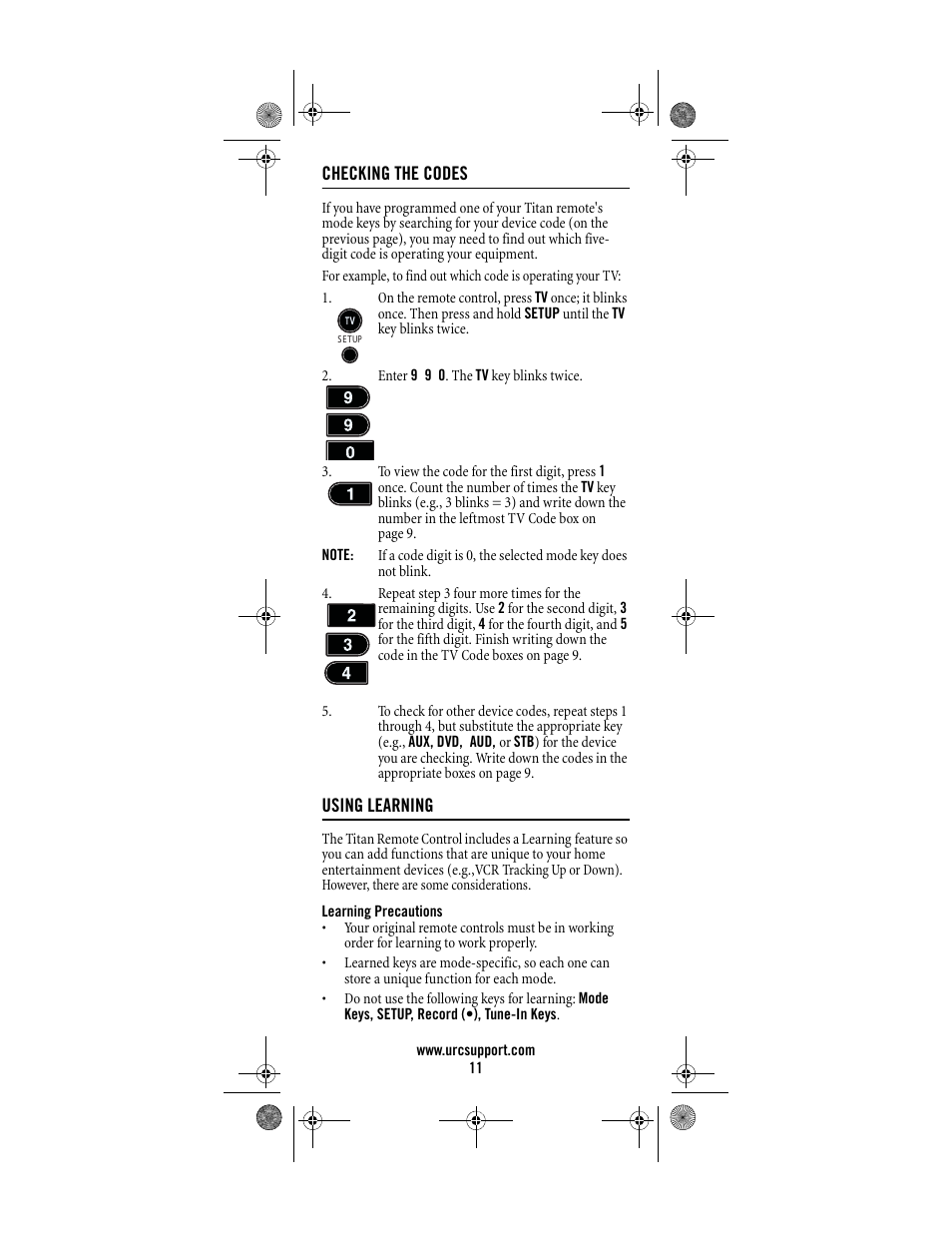 Checking the codes, Using learning, Learning precautions | Universal Electronics Titan M2056-C User Manual | Page 11 / 56