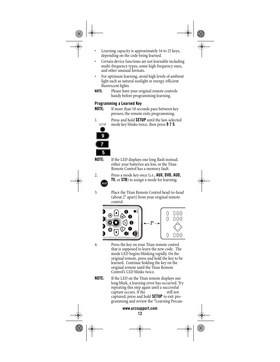 Programming a learned key | Universal Electronics Titan M2056-C User Manual | Page 12 / 56