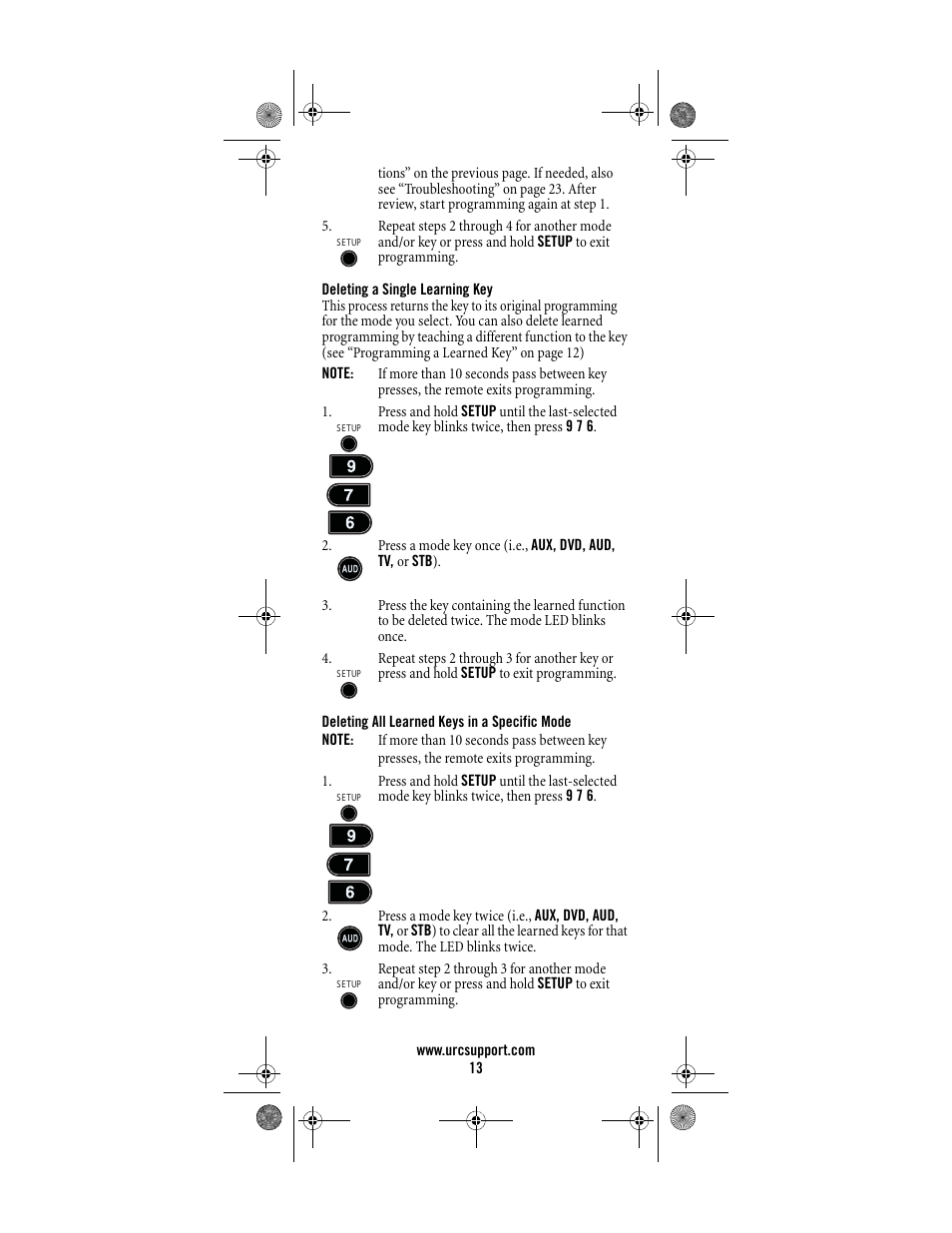 Deleting a single learning key, 13 deleting all learned keys in a specific mode | Universal Electronics Titan M2056-C User Manual | Page 13 / 56