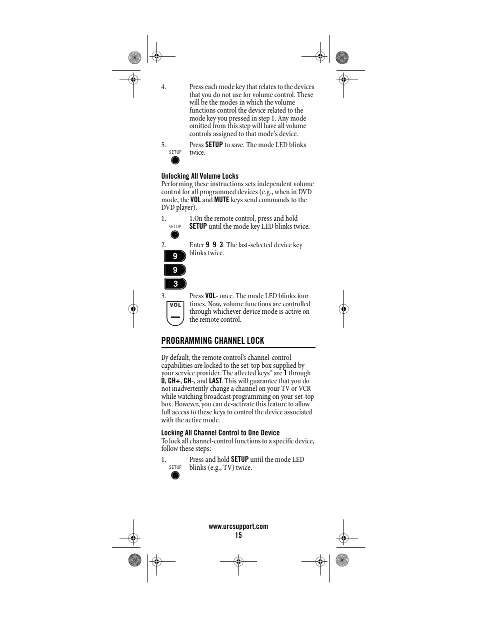 Programming channel lock, Locking all channel control to one device | Universal Electronics Titan M2056-C User Manual | Page 15 / 56