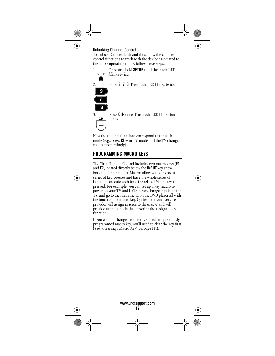 Unlocking channel control, Programming macro keys | Universal Electronics Titan M2056-C User Manual | Page 17 / 56