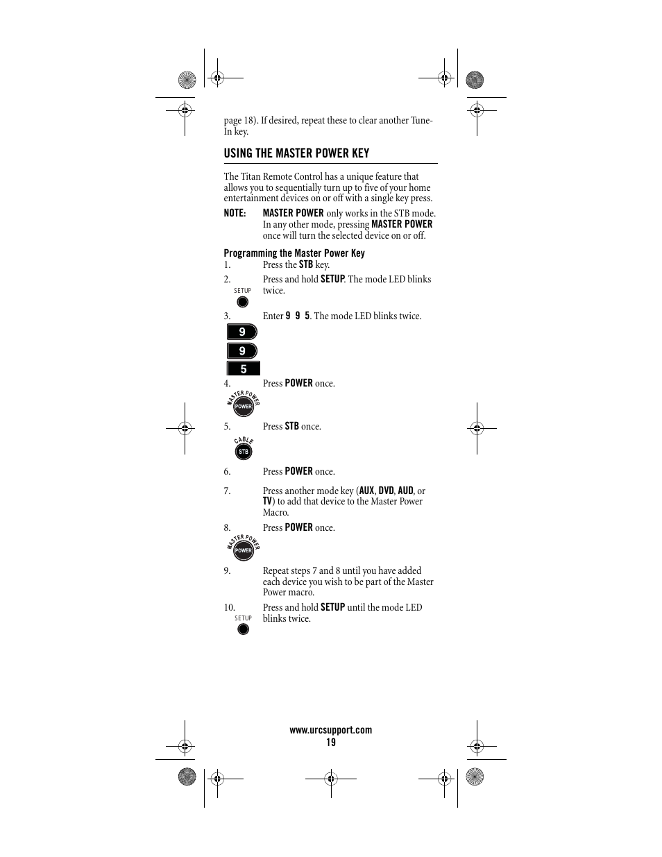 Using the master power key, Programming the master power key | Universal Electronics Titan M2056-C User Manual | Page 19 / 56