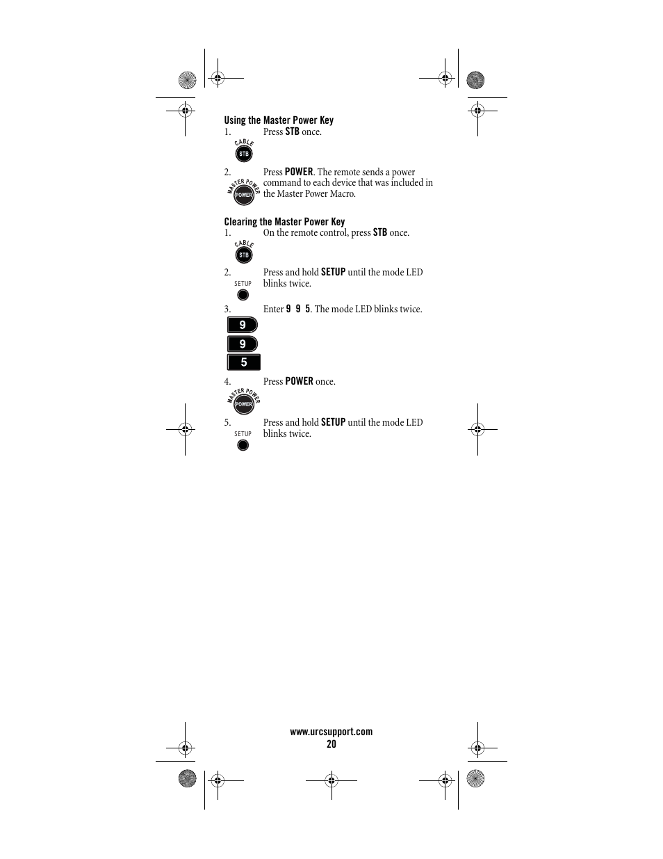 Using the master power key, 20 clearing the master power key | Universal Electronics Titan M2056-C User Manual | Page 20 / 56