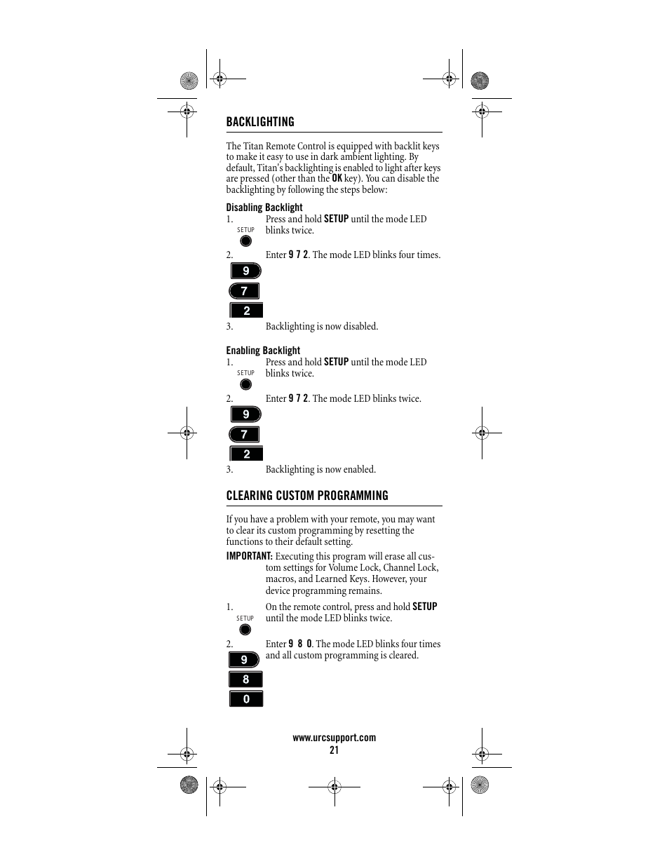 Clearing custom programming, Backlighting | Universal Electronics Titan M2056-C User Manual | Page 21 / 56