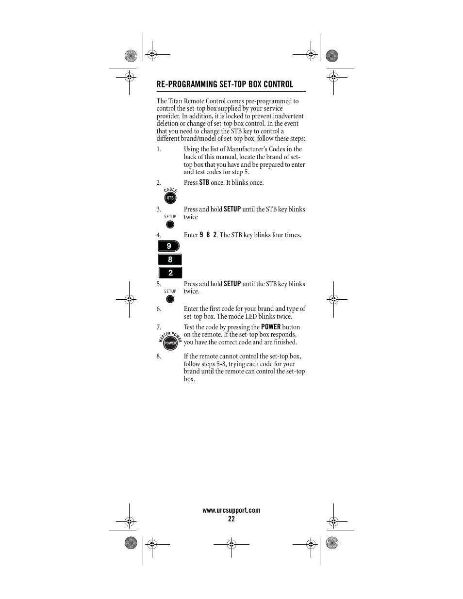 Re-programming set-top box control | Universal Electronics Titan M2056-C User Manual | Page 22 / 56