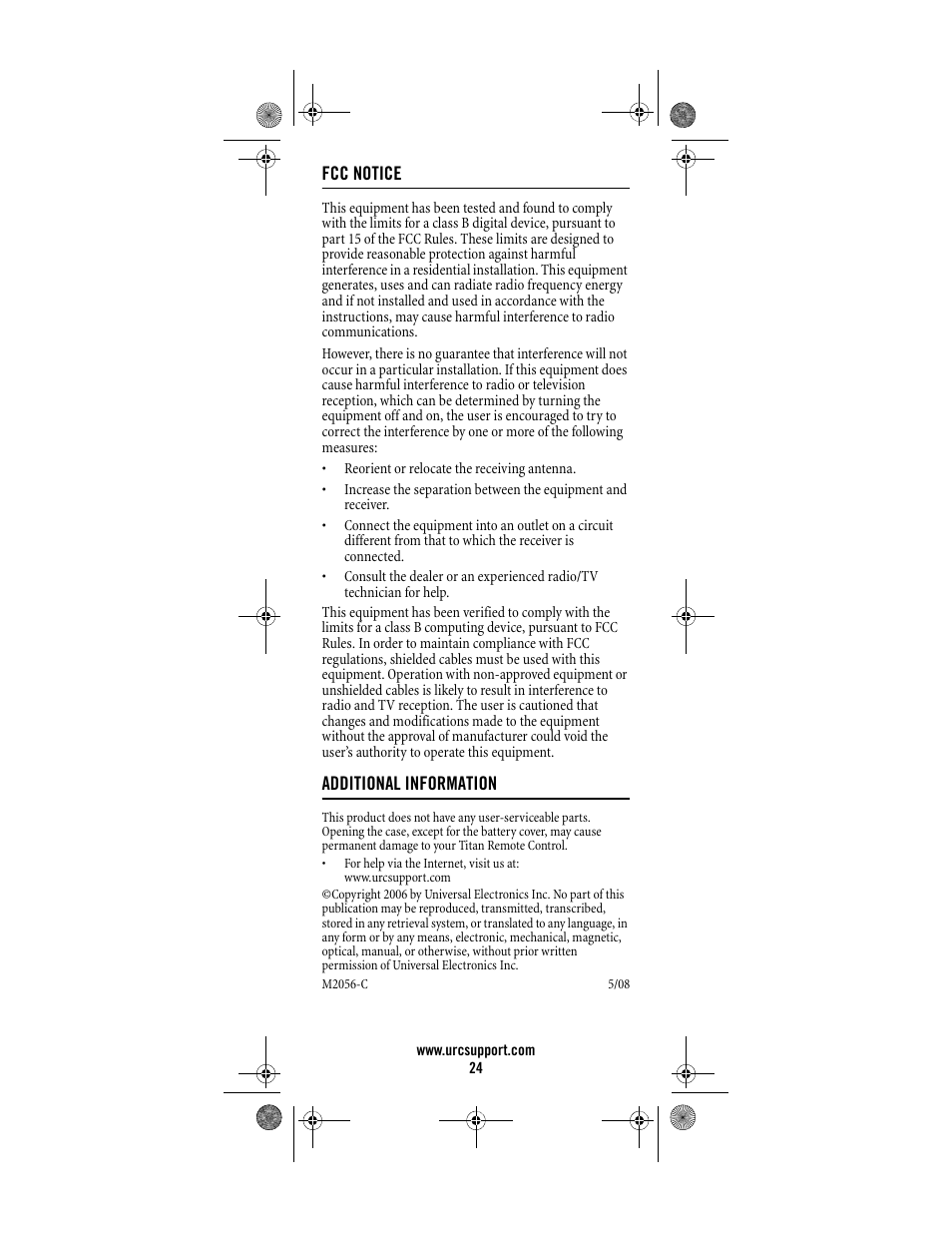 Fcc notice, Additional information | Universal Electronics Titan M2056-C User Manual | Page 24 / 56