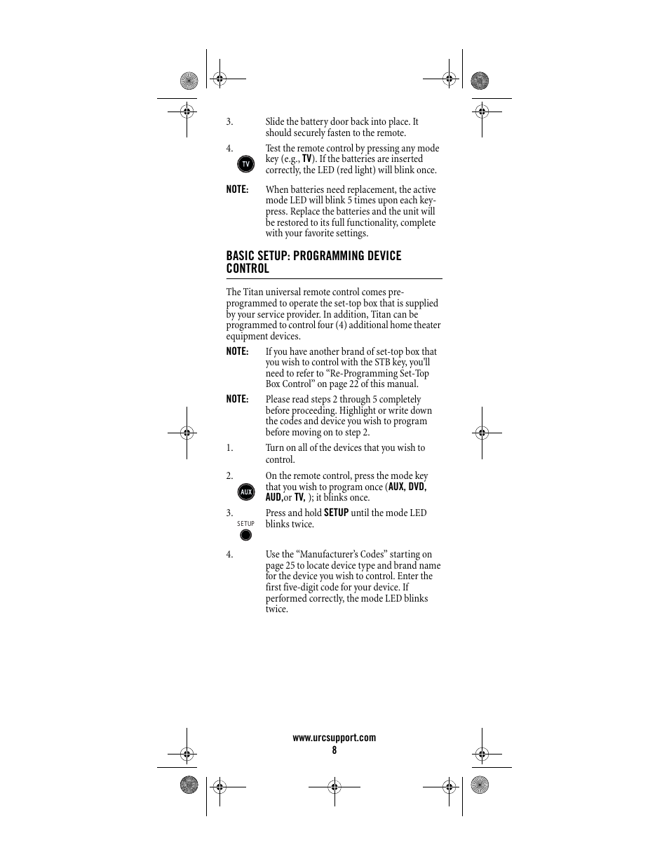 Basic setup: programming device control | Universal Electronics Titan M2056-C User Manual | Page 8 / 56