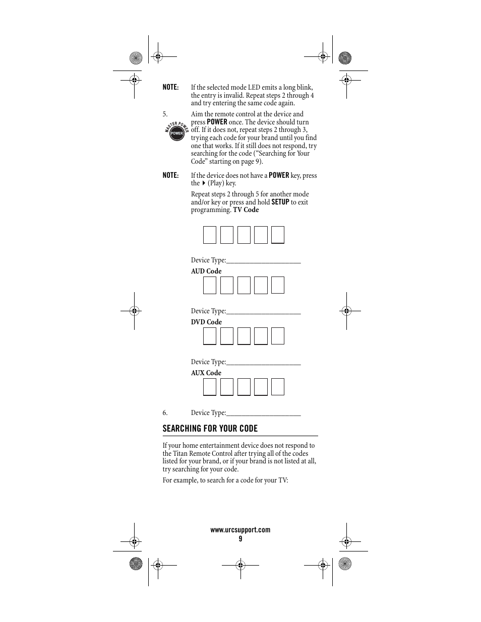 Searching for your code | Universal Electronics Titan M2056-C User Manual | Page 9 / 56