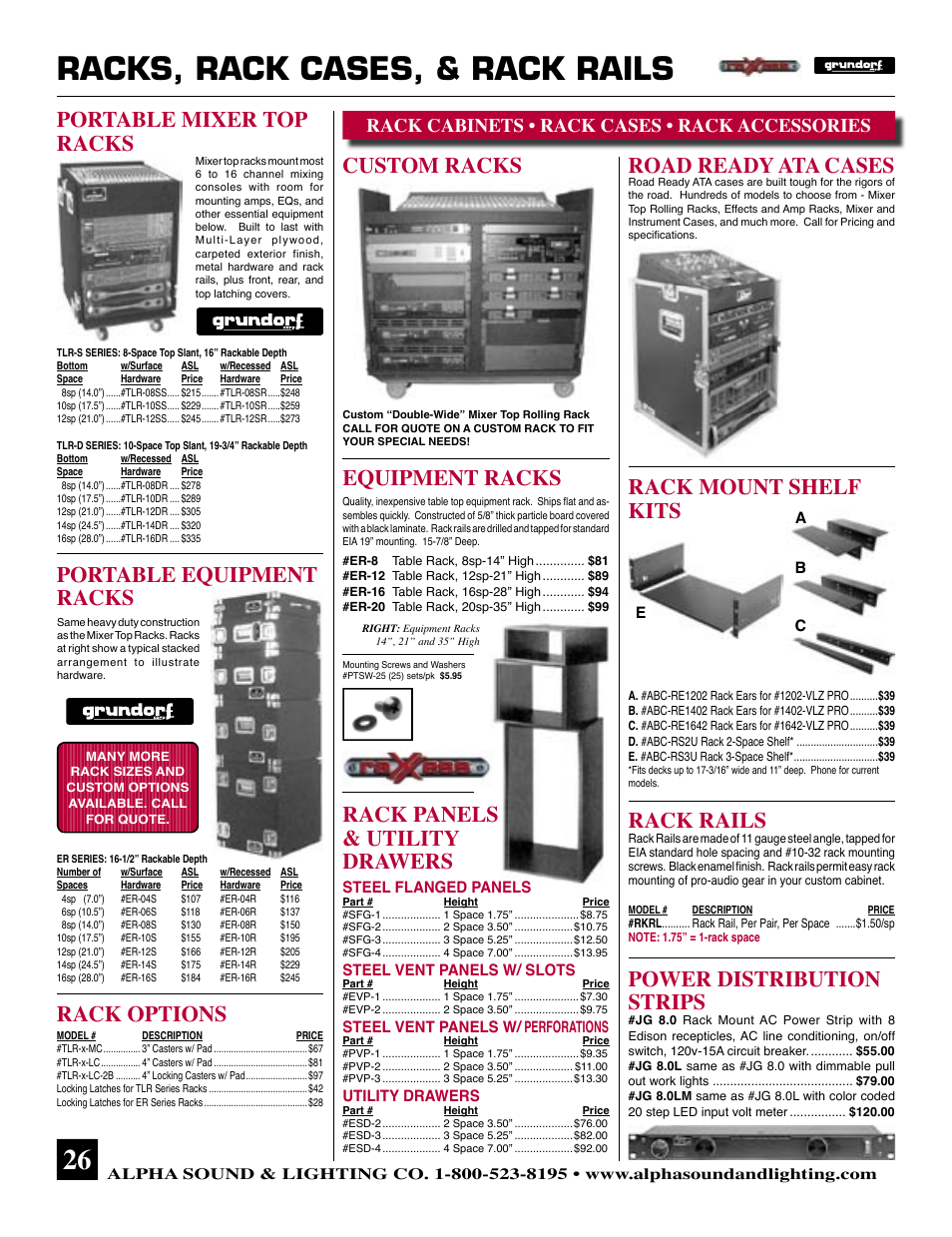 Racks, rack cases, & rack rails, Road ready ata cases, Portable mixer top racks | Power distribution strips, Rack cabinets • rack cases • rack accessories | Ultimate Products Alpha Sound JRX118S User Manual | Page 2 / 8