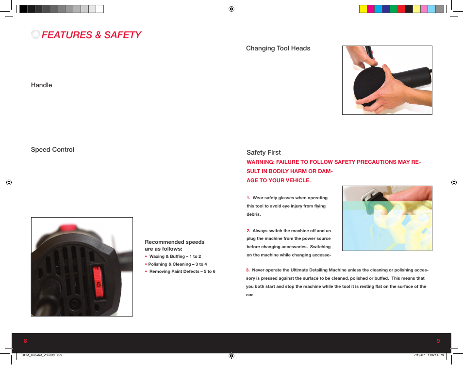 Features & safety, Handle, Speed control | Changing tool heads, Safety first | Ultimate Products 1000 User Manual | Page 5 / 13