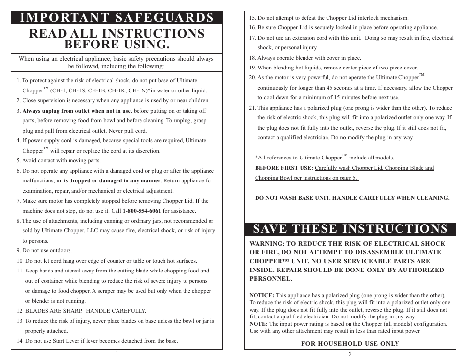 Save these instructions | Ultimate Products Food Chopper User Manual | Page 2 / 4